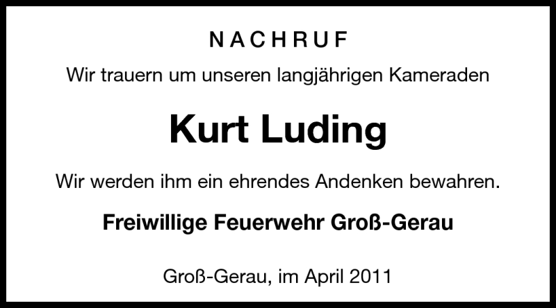  Traueranzeige für Kurt Luding vom 06.04.2011 aus Rüsselsheimer Echo, Groß-Gerauer-Echo, Ried Echo