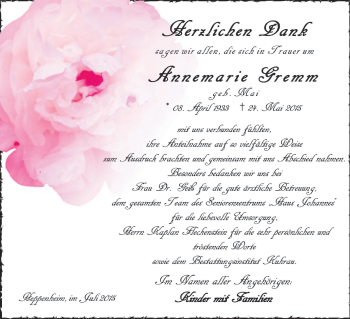 Traueranzeige von Annemarie Gremm von Starkenburger Echo, Bergsträßer Anzeiger