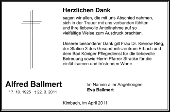 Traueranzeige von Alfred Ballmert von Odenwälder Echo