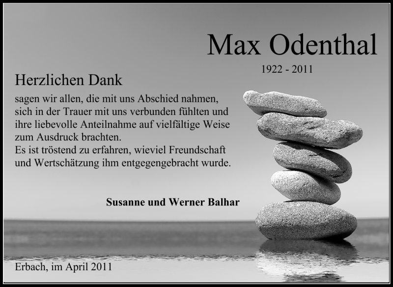  Traueranzeige für Max Odenthal vom 06.04.2011 aus Odenwälder Echo