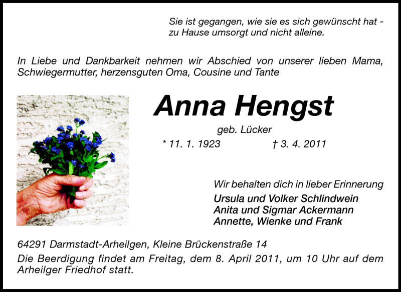  Traueranzeige für Anna Hengst vom 06.04.2011 aus Echo-Zeitungen (Gesamtausgabe)
