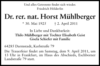 Traueranzeige von Horst Mühlberger von Darmstädter Echo, Odenwälder Echo, Rüsselsheimer Echo, Groß-Gerauer-Echo, Ried Echo