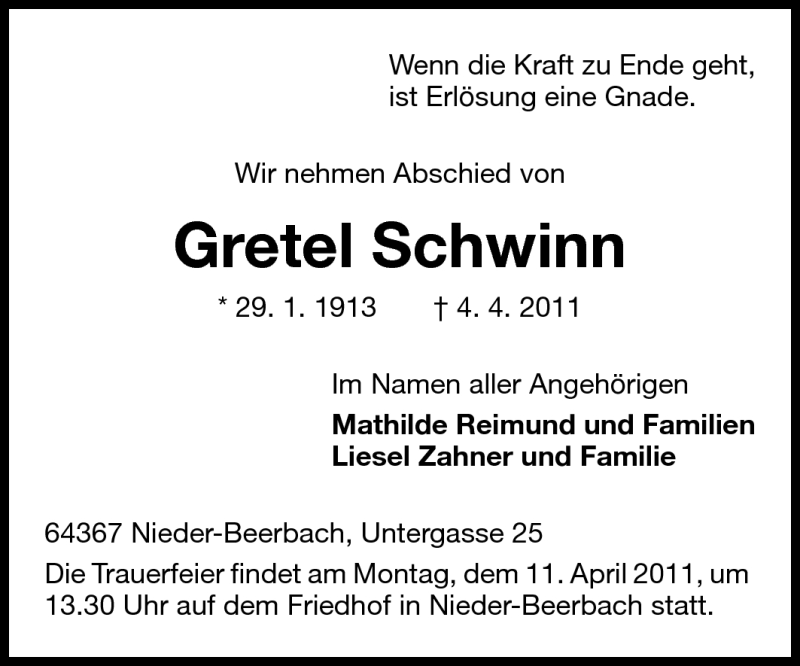  Traueranzeige für Gretel Schwinn vom 09.04.2011 aus Echo-Zeitungen (Gesamtausgabe)