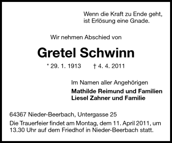 Traueranzeige von Gretel Schwinn von Echo-Zeitungen (Gesamtausgabe)