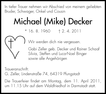 Traueranzeige von Michael Decker von Darmstädter Echo, Odenwälder Echo, Rüsselsheimer Echo, Groß-Gerauer-Echo, Ried Echo