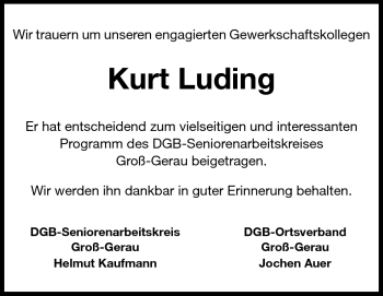 Traueranzeige von Kurt Luding von Rüsselsheimer Echo, Groß-Gerauer-Echo, Ried Echo