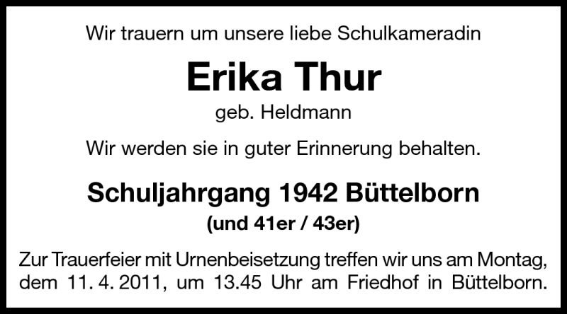  Traueranzeige für Erika Thur vom 08.04.2011 aus Rüsselsheimer Echo, Groß-Gerauer-Echo, Ried Echo