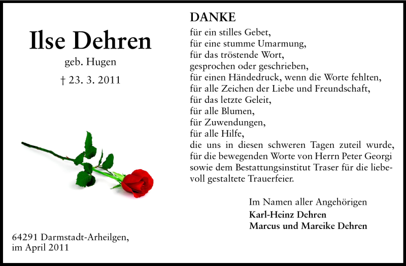  Traueranzeige für Ilse Dehren vom 09.04.2011 aus Echo-Zeitungen (Gesamtausgabe)