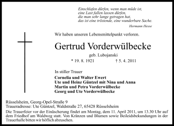 Traueranzeige von Gertrud Vorderwülbecke von Rüsselsheimer Echo, Groß-Gerauer-Echo, Ried Echo