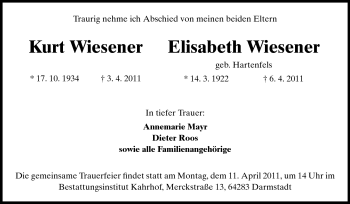 Traueranzeige von Kurt und Elisabeth Wiesener von Darmstädter Echo, Odenwälder Echo, Rüsselsheimer Echo, Groß-Gerauer-Echo, Ried Echo