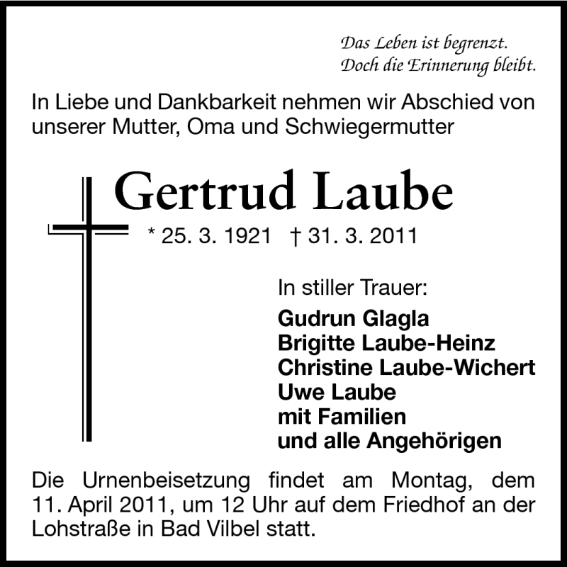  Traueranzeige für Gertrud Laube vom 09.04.2011 aus Echo-Zeitungen (Gesamtausgabe)