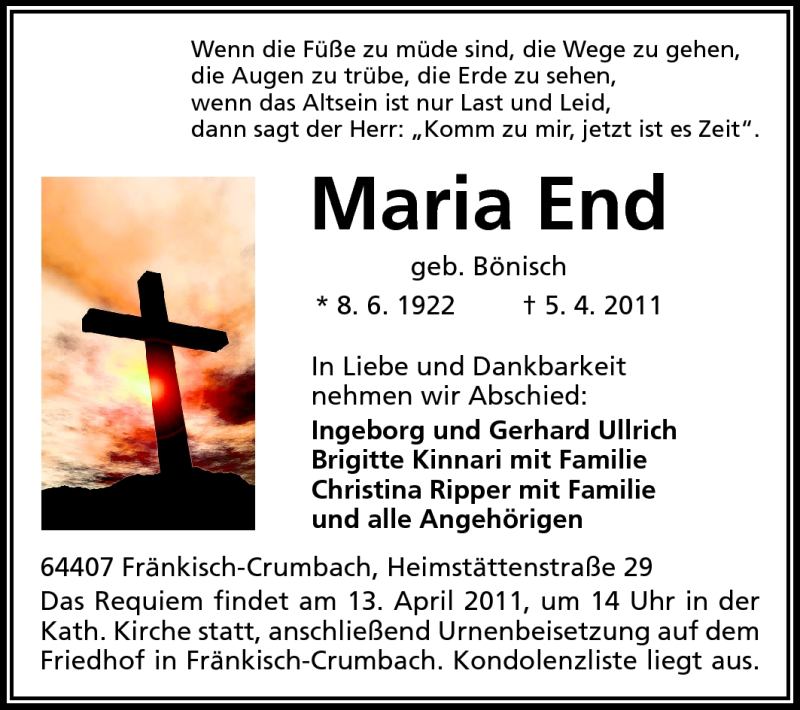  Traueranzeige für Maria End vom 11.04.2011 aus Odenwälder Echo