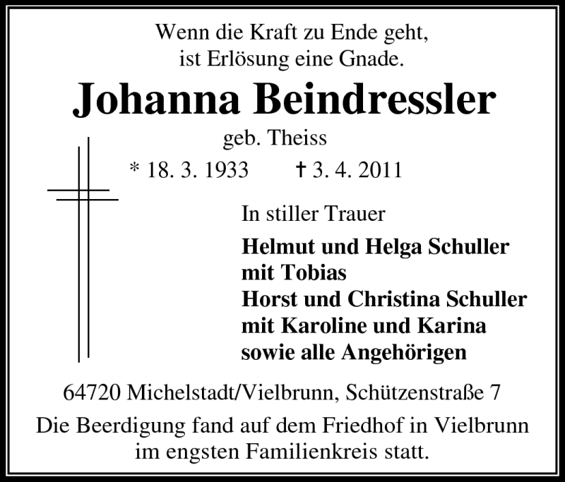  Traueranzeige für Johanna Beindressler vom 09.04.2011 aus Odenwälder Echo
