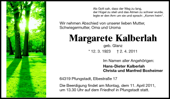 Traueranzeige von Margarete Kalberlah von Darmstädter Echo, Odenwälder Echo, Rüsselsheimer Echo, Groß-Gerauer-Echo, Ried Echo