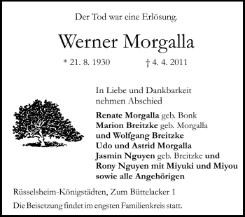 Traueranzeige von Werner Morgalla von Rüsselsheimer Echo, Groß-Gerauer-Echo, Ried Echo