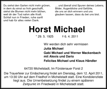 Traueranzeige von Horst Michael von Odenwälder Echo