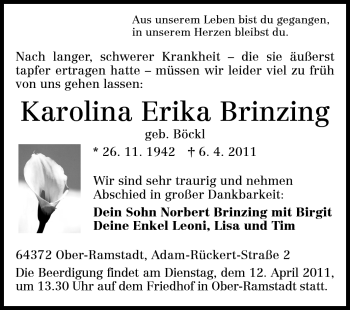Traueranzeige von Karoline Erika Brinzing von Darmstädter Echo, Odenwälder Echo, Rüsselsheimer Echo, Groß-Gerauer-Echo, Ried Echo