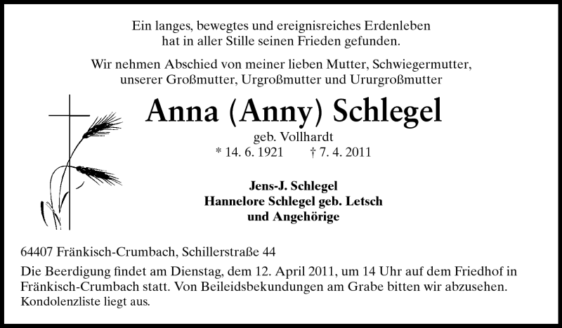  Traueranzeige für Anna Schegel vom 09.04.2011 aus Echo-Zeitungen (Gesamtausgabe)