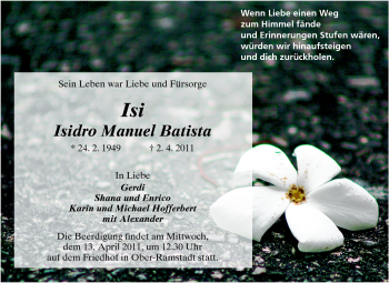 Traueranzeige von Isidro Manuel Batista von Darmstädter Echo, Odenwälder Echo, Rüsselsheimer Echo, Groß-Gerauer-Echo, Ried Echo