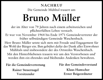 Traueranzeige von Bruno Müller von Echo-Zeitungen (Gesamtausgabe)