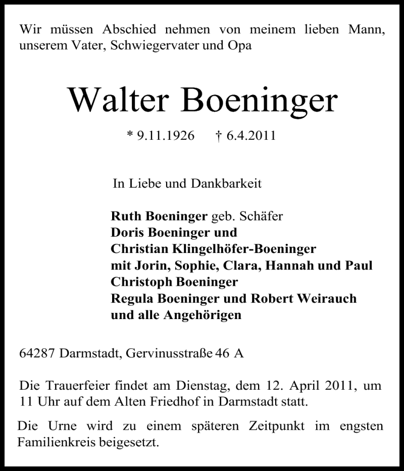  Traueranzeige für Walter Boeninger vom 09.04.2011 aus Echo-Zeitungen (Gesamtausgabe)