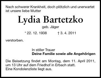 Traueranzeige von Lydia Bartetzko von Odenwälder Echo