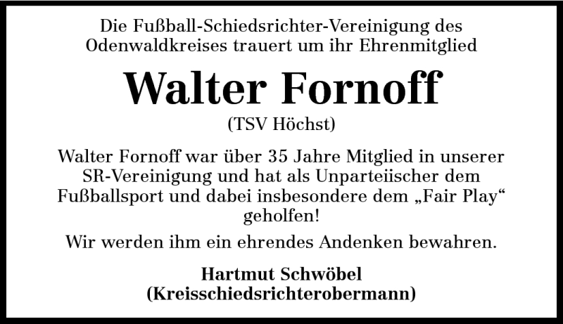  Traueranzeige für Walter Peter Fornoff vom 09.04.2011 aus Odenwälder Echo