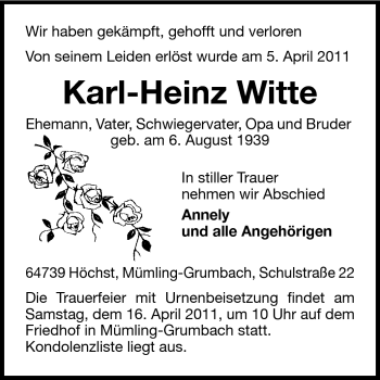 Traueranzeige von Karl-Heinz Witte von Odenwälder Echo