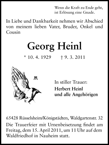 Traueranzeige von Georg Heinl von Rüsselsheimer Echo, Groß-Gerauer-Echo, Ried Echo