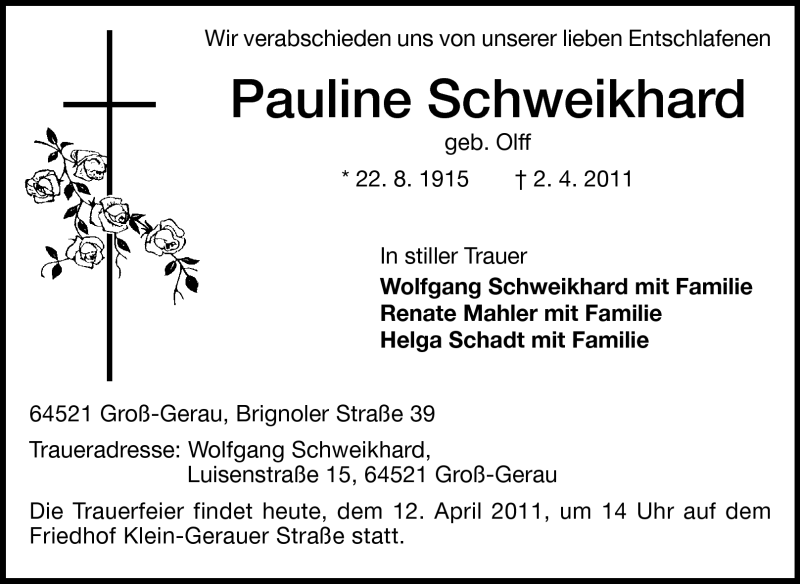 Traueranzeige für Pauline Schweikhard vom 12.04.2011 aus Rüsselsheimer Echo, Groß-Gerauer-Echo, Ried Echo