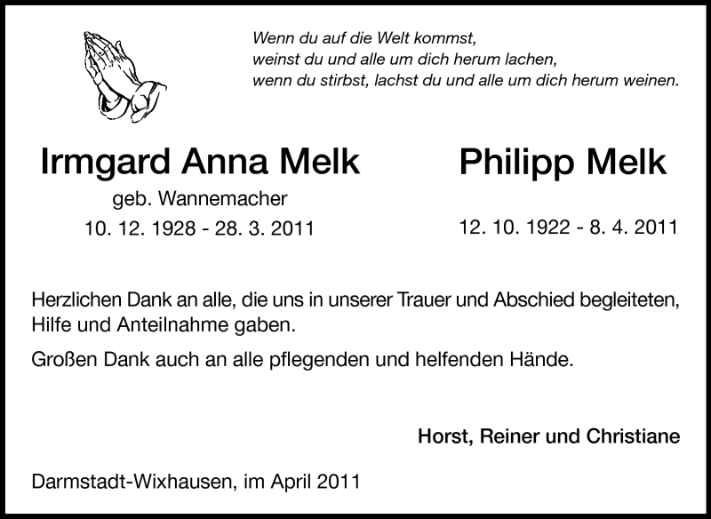  Traueranzeige für Irmgard Anna Melk vom 23.04.2011 aus Echo-Zeitungen (Gesamtausgabe)