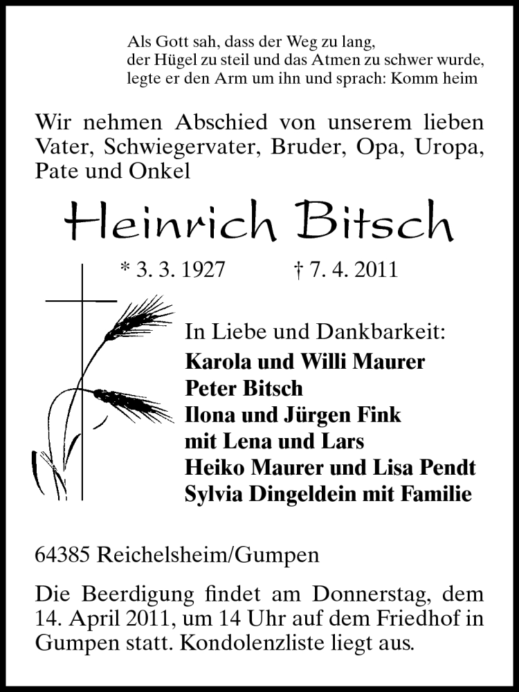  Traueranzeige für Heinrich Bitsch vom 12.04.2011 aus Odenwälder Echo