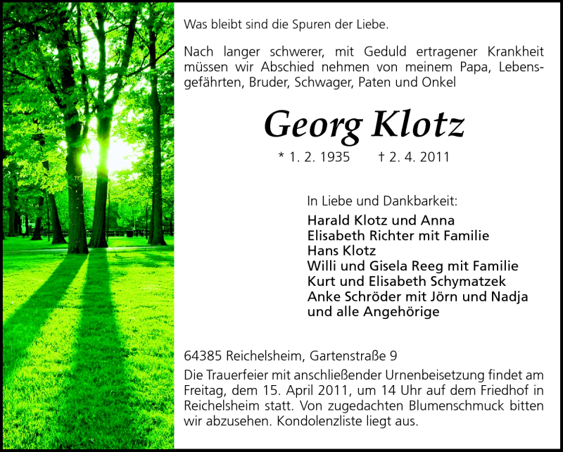  Traueranzeige für Georg Klotz vom 13.04.2011 aus Odenwälder Echo