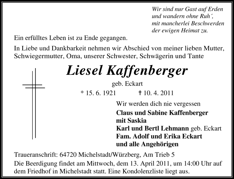  Traueranzeige für Liesel Kaffenberger vom 12.04.2011 aus Odenwälder Echo