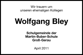 Traueranzeige von Wolfgang Bley von Rüsselsheimer Echo, Groß-Gerauer-Echo, Ried Echo