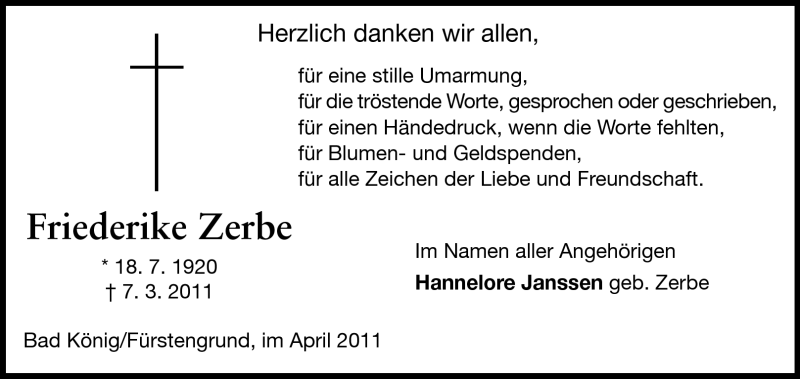  Traueranzeige für Friederike Zerbe vom 16.04.2011 aus Odenwälder Echo