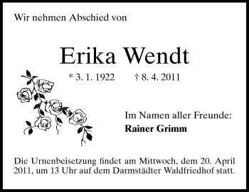Traueranzeige von Erika Wendt von Darmstädter Echo, Odenwälder Echo, Rüsselsheimer Echo, Groß-Gerauer-Echo, Ried Echo