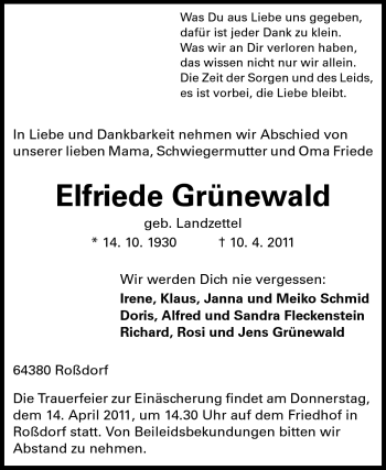 Traueranzeige von Elfriede Grünewald von Echo-Zeitungen (Gesamtausgabe)