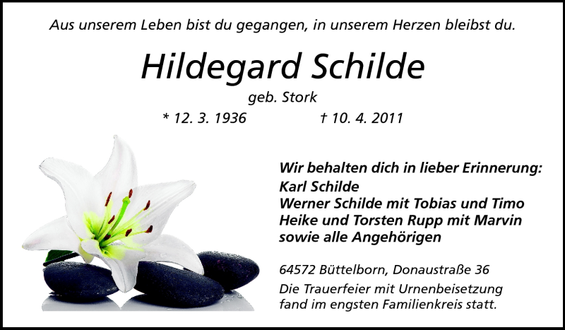  Traueranzeige für Hildegard Schilde vom 23.04.2011 aus Rüsselsheimer Echo, Groß-Gerauer-Echo, Ried Echo