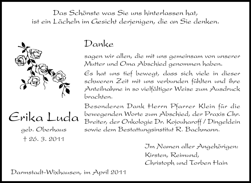  Traueranzeige für Erika Luda vom 15.04.2011 aus Echo-Zeitungen (Gesamtausgabe)