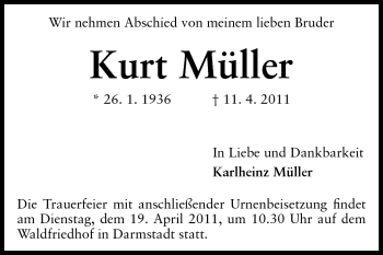 Traueranzeige von Kurt Müller von Darmstädter Echo, Odenwälder Echo, Rüsselsheimer Echo, Groß-Gerauer-Echo, Ried Echo