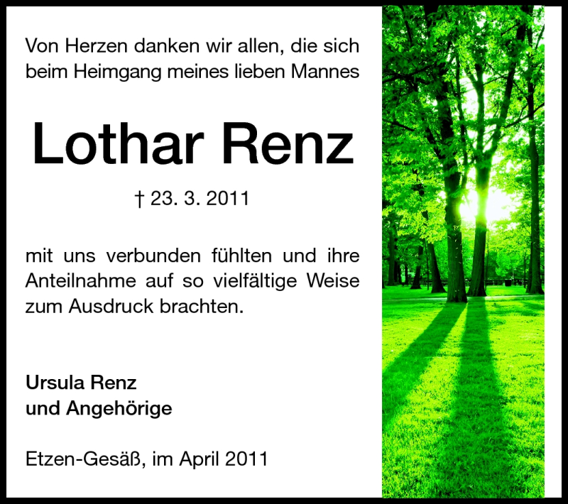  Traueranzeige für Lothar Renz vom 13.04.2011 aus Odenwälder Echo