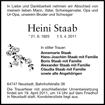 Traueranzeige von Heini Staab von Odenwälder Echo
