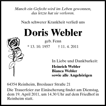 Traueranzeige von Doris Webler von Darmstädter Echo, Odenwälder Echo, Rüsselsheimer Echo, Groß-Gerauer-Echo, Ried Echo