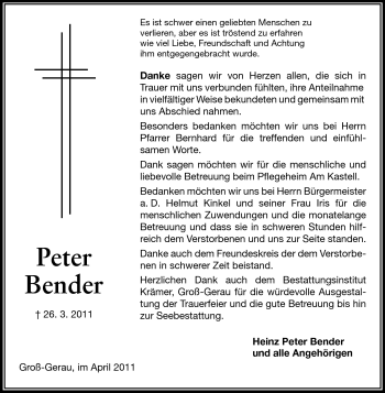 Traueranzeige von Peter Bender von Rüsselsheimer Echo, Groß-Gerauer-Echo, Ried Echo
