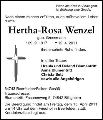 Traueranzeige von Hertha-Rosa Wenzel von Odenwälder Echo