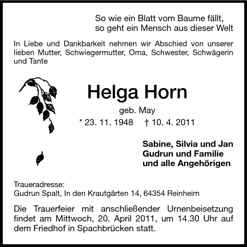  Traueranzeige für Helga Horn vom 16.04.2011 aus Echo-Zeitungen (Gesamtausgabe)