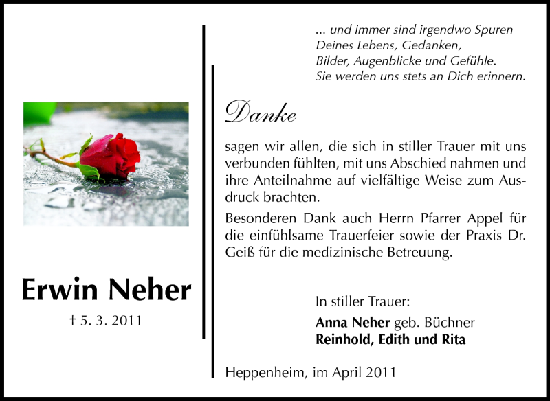  Traueranzeige für Erwin Hans Neher vom 16.04.2011 aus Starkenburger Echo