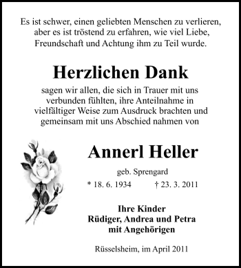 Traueranzeige von Annerl Heller von Rüsselsheimer Echo, Groß-Gerauer-Echo, Ried Echo