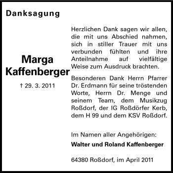 Traueranzeige von Marga Kaffenberger  von Echo-Zeitungen (Gesamtausgabe)